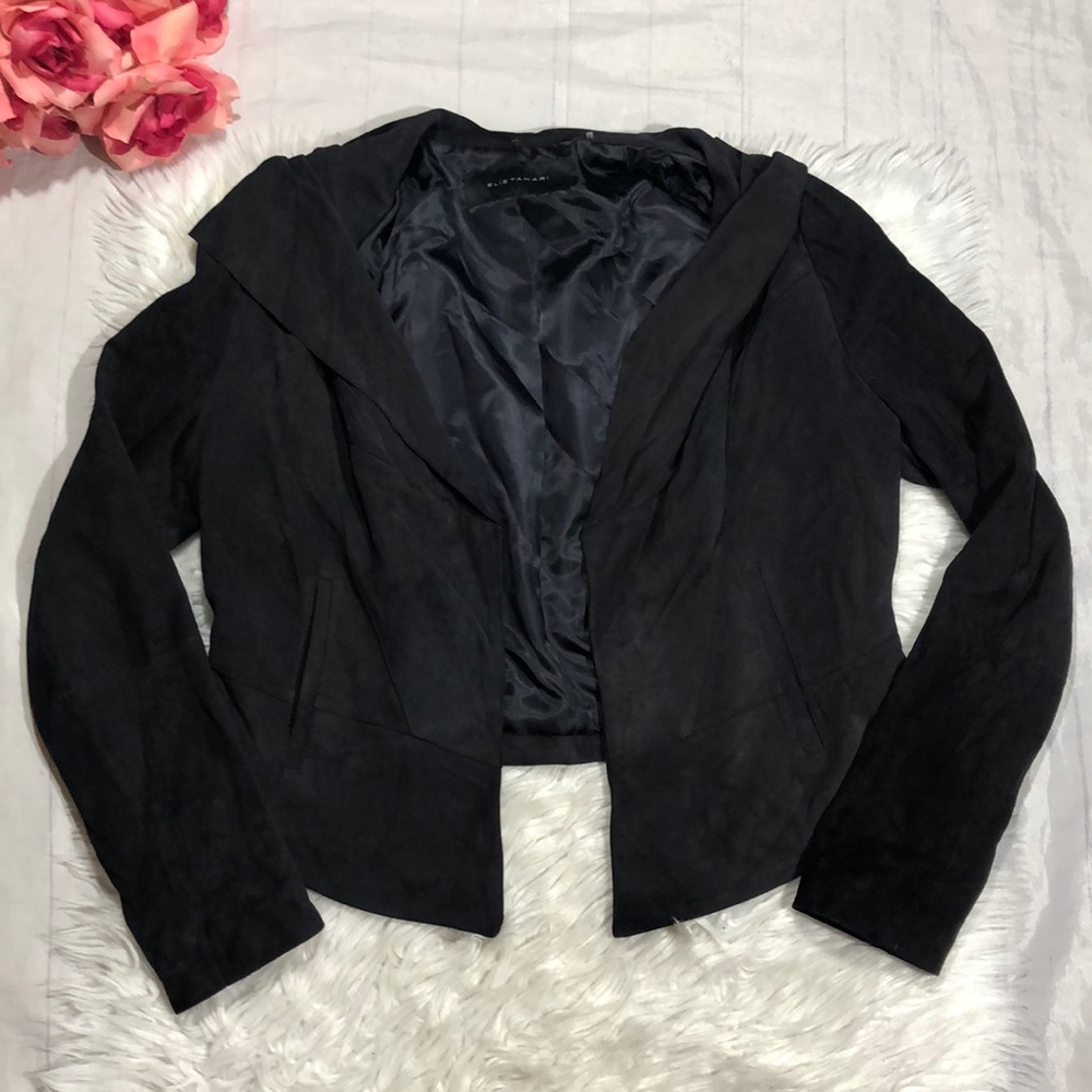 Elie Tahari Lambskin Leather Suede Black Open Front Crop Jacket